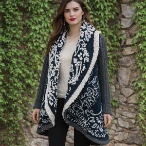 SLEEPING ON SNOW Navy and Gray Shawl Collar Open Cardigan, XS